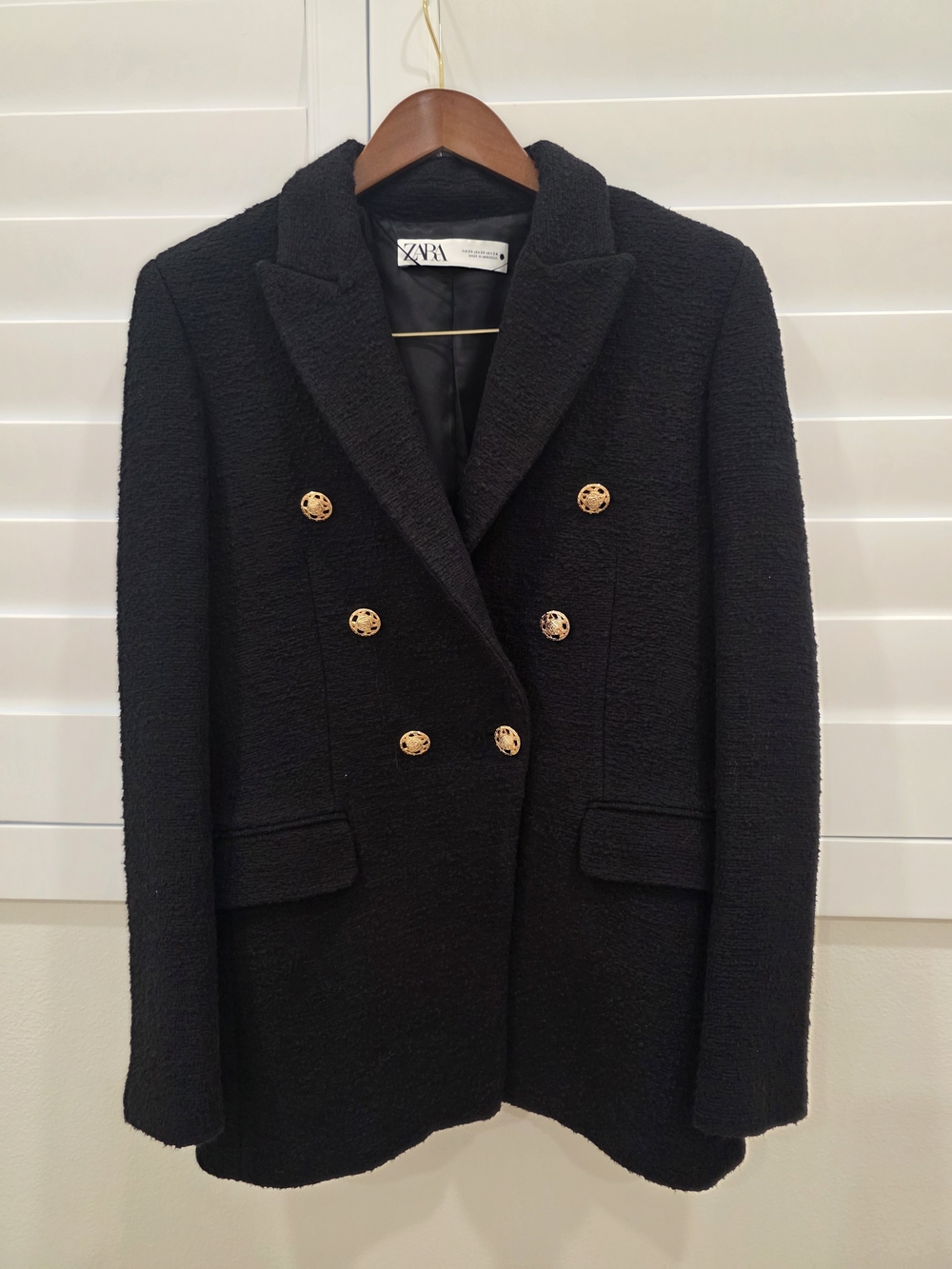 Zara Black Double-Breasted Textured Blazer with Gold Buttons